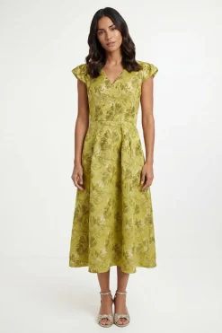 Robe Midi À Manches Courtes En Jacquard Fleuri