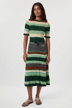 KarenMillen Robe Midi À Manches Courtes En Maille Jacquard À Rayures<Femme Toutes Les Robes|Robes Mi-Longues