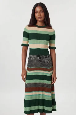 KarenMillen Robe Midi À Manches Courtes En Maille Jacquard À Rayures<Femme Toutes Les Robes|Robes Mi-Longues