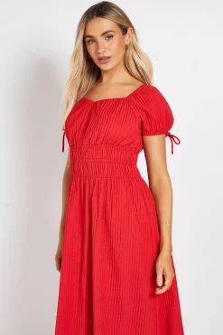 Robe Midi À Manches Courtes Nouées Et Taille Élastiquée Froncée