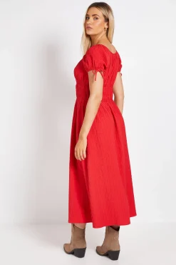 Robe Midi À Manches Courtes Nouées Et Taille Élastiquée Froncée