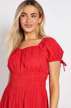 Robe Midi À Manches Courtes Nouées Et Taille Élastiquée Froncée