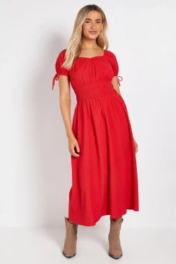 Robe Midi À Manches Courtes Nouées Et Taille Élastiquée Froncée