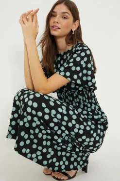 Robe Midi à Manches Courtes Taille Froncée à Pois