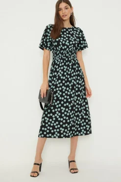 Robe Midi à Manches Courtes Taille Froncée à Pois