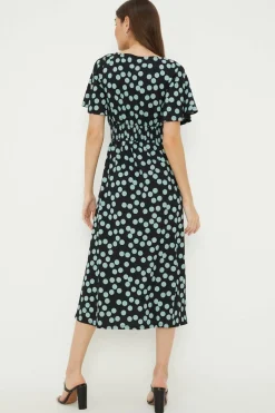 Robe Midi à Manches Courtes Taille Froncée à Pois