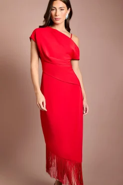 Robe Midi À Manches Drapées Avec Ourlet Asymétrique À Franges