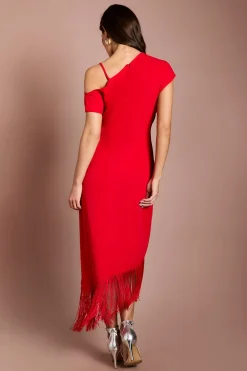 Robe Midi À Manches Drapées Avec Ourlet Asymétrique À Franges
