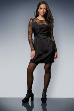 Robe Midi à Manches en Dentelle et Nœud Frontal
