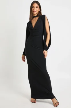 Robe midi à manches longues avec encolure ras du cou et détails d'emmanchures ouvertes