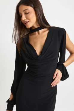 Robe midi à manches longues avec encolure ras du cou et détails d'emmanchures ouvertes