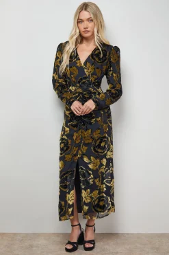 Robe Midi à Manches Longues avec Épaulettes Florales