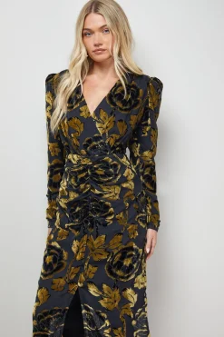 Robe Midi à Manches Longues avec Épaulettes Florales
