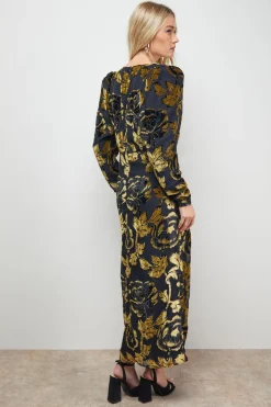 Robe Midi à Manches Longues avec Épaulettes Florales