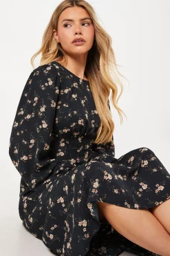 Robe Midi à Manches Longues avec Taille Froncée et Imprimé Floral Ditsy