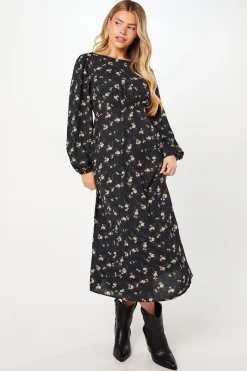 Robe Midi à Manches Longues avec Taille Froncée et Imprimé Floral Ditsy