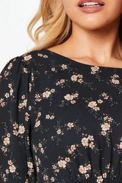 Robe Midi à Manches Longues avec Taille Froncée et Imprimé Floral Ditsy