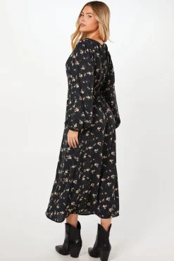 Robe Midi à Manches Longues avec Taille Froncée et Imprimé Floral Ditsy