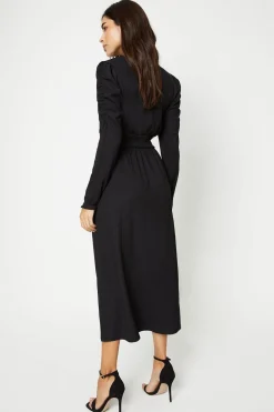 Robe Midi à Manches Longues avec Taille Froncée