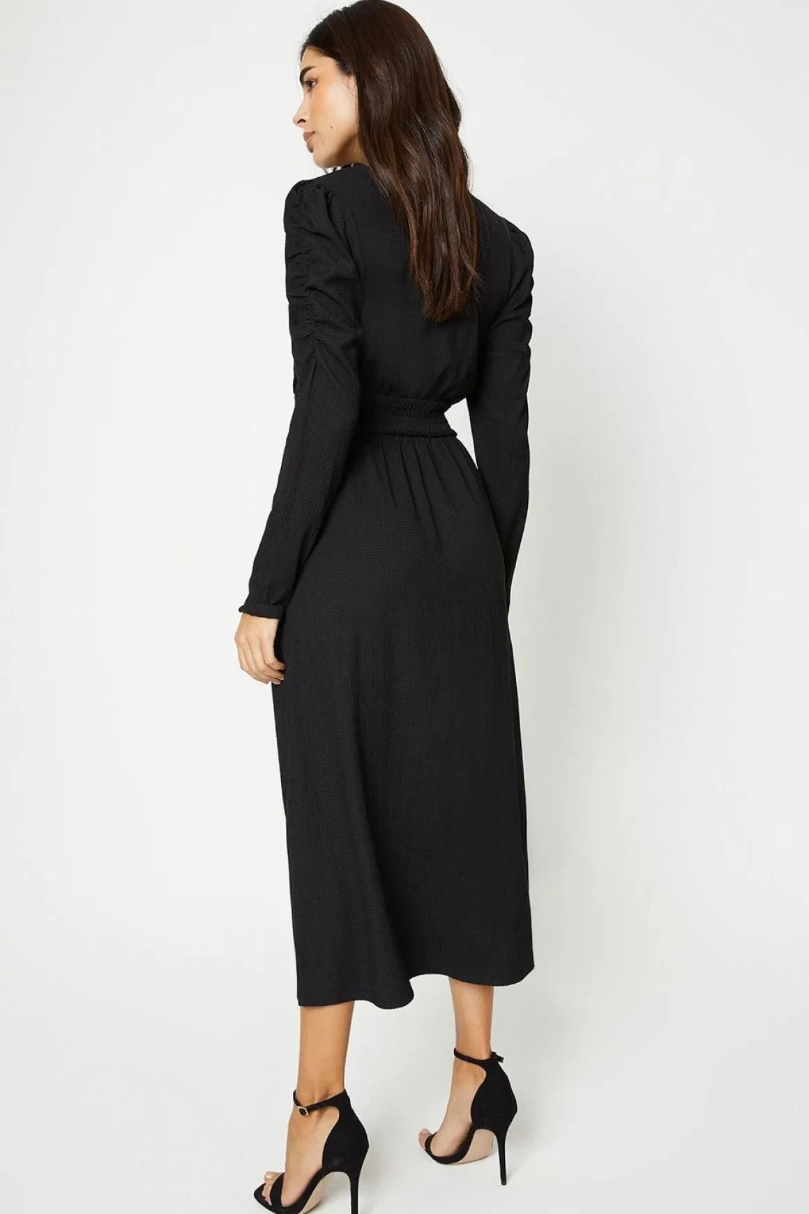 Robe Midi à Manches Longues avec Taille Froncée