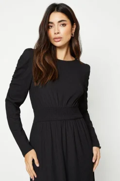 Robe Midi à Manches Longues avec Taille Froncée