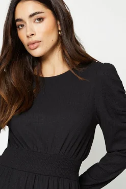 Robe Midi à Manches Longues avec Taille Froncée