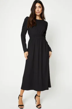 Robe Midi à Manches Longues avec Taille Froncée