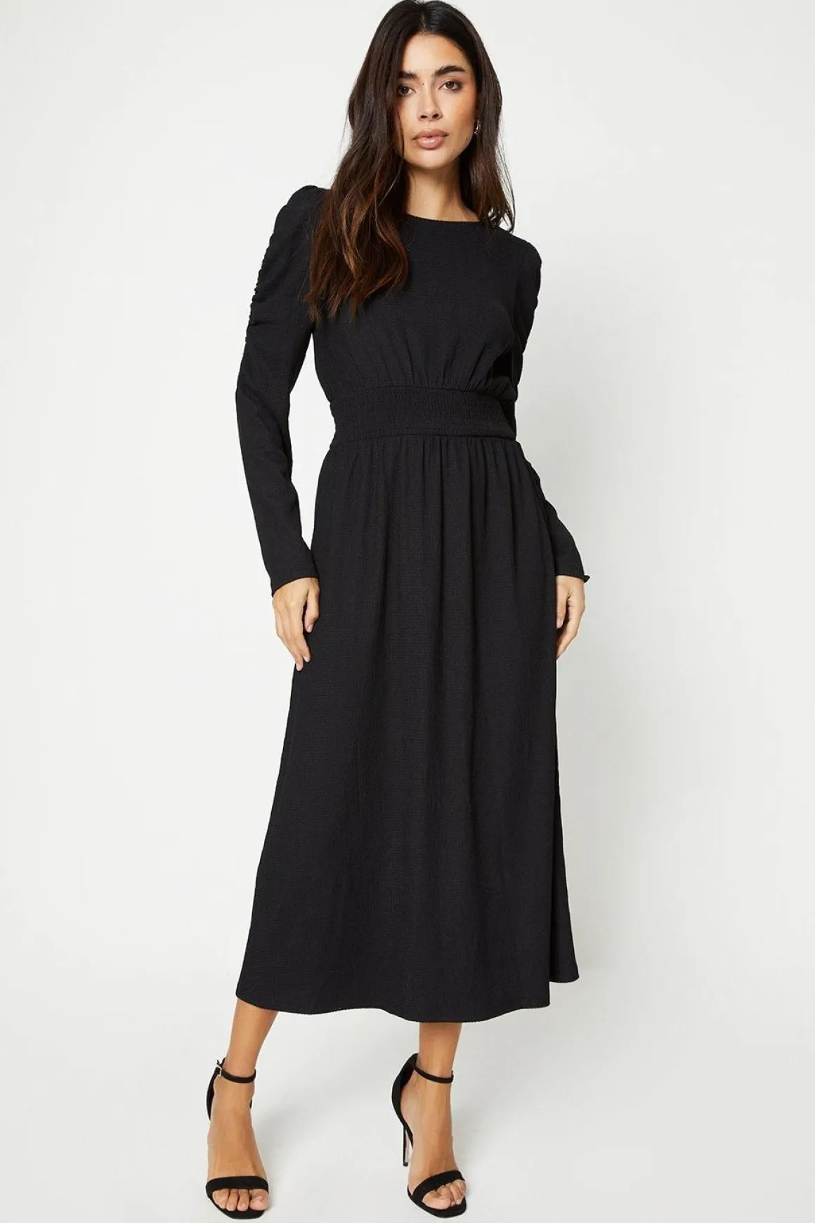 Robe Midi à Manches Longues avec Taille Froncée