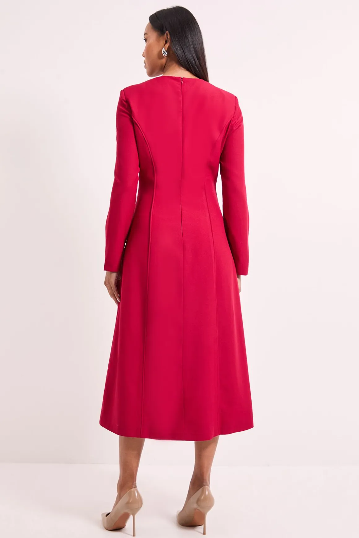 Robe Midi à Manches Longues avec Liens Couleur Baie Foncée