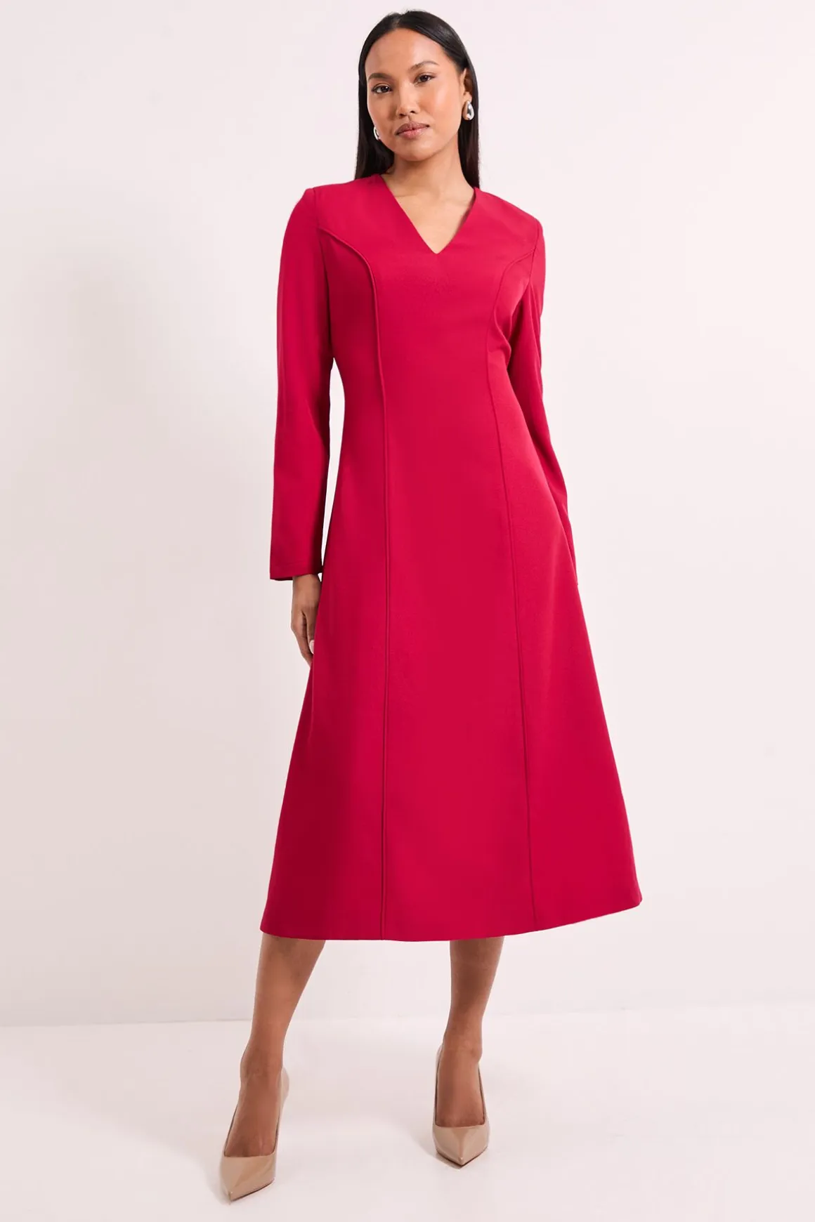Robe Midi à Manches Longues avec Liens Couleur Baie Foncée
