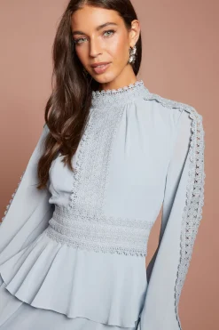 Robe Midi À Manches Longues Avec Détails De Bordure En Dentelle