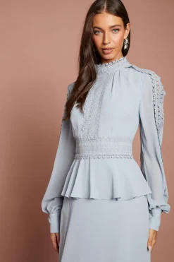 Robe Midi À Manches Longues Avec Détails De Bordure En Dentelle