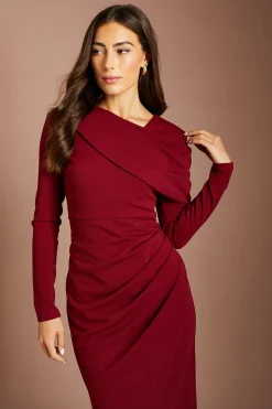 Robe Midi À Manches Longues Avec Drapé Et Jupe Portefeuille