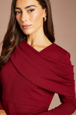 Robe Midi À Manches Longues Avec Drapé Et Jupe Portefeuille