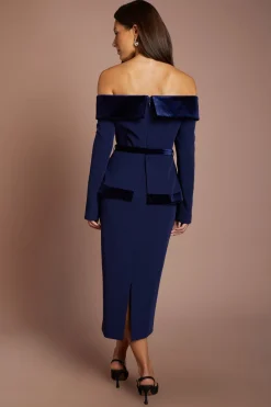 Robe Midi À Manches Longues Bardot Avec Finitions En Velours