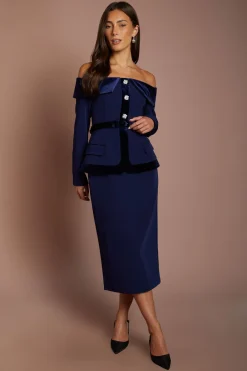 Robe Midi À Manches Longues Bardot Avec Finitions En Velours