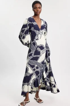 KarenMillen Robe Midi À Manches Longues En Crêpe De Viscose Imprimé Chaînes<Femme Toutes Les Robes|Robes Mi-Longues