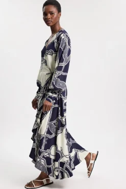 KarenMillen Robe Midi À Manches Longues En Crêpe De Viscose Imprimé Chaînes<Femme Toutes Les Robes|Robes Mi-Longues