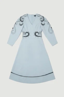 Robe Midi Manches Longues en Sergé Tissé avec Broderie Baroque
