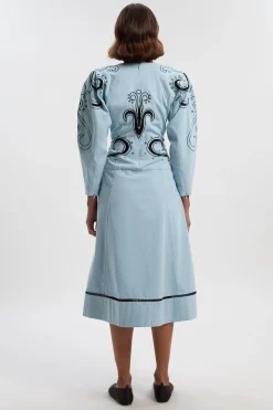Robe Midi Manches Longues en Sergé Tissé avec Broderie Baroque