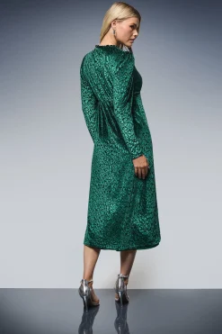 Robe Midi à Manches Longues Motif Léopard Dévoré