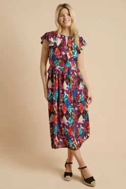 Robe Midi À Manches Papillon Et Encolure Goutte D'eau Avec Imprimé Floral Patchwork