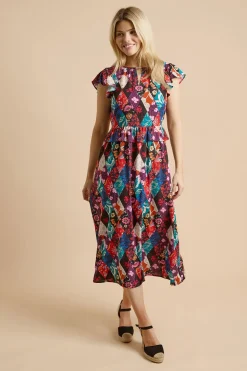 Robe Midi À Manches Papillon Et Encolure Goutte D'eau Avec Imprimé Floral Patchwork
