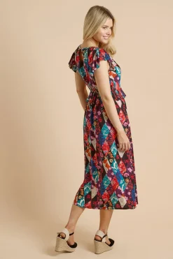 Robe Midi À Manches Papillon Et Encolure Goutte D'eau Avec Imprimé Floral Patchwork