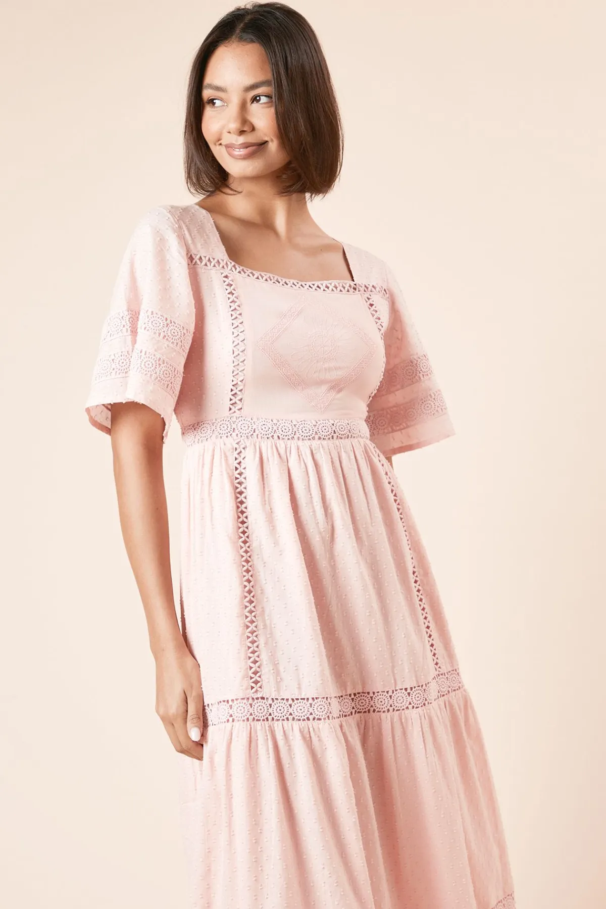 Dorothy Perkins Robe Midi à Manches Évasées avec Broderie Frontale<Femme Toutes Les Robes|Robes Mi-Longues
