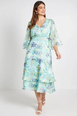 Robe Midi À Manches Évasées Avec Motif Floral Dévoré