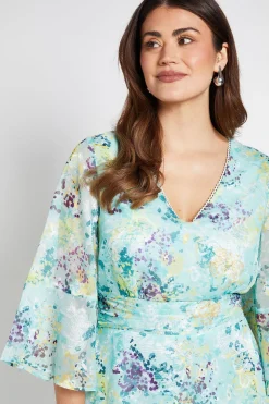 Robe Midi À Manches Évasées Avec Motif Floral Dévoré