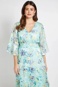 Robe Midi À Manches Évasées Avec Motif Floral Dévoré