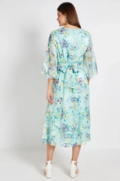 Robe Midi À Manches Évasées Avec Motif Floral Dévoré