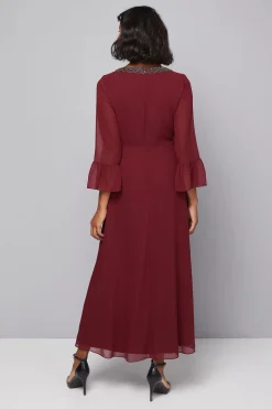 Robe Midi à Manches Évasées et Ornements Portefeuille